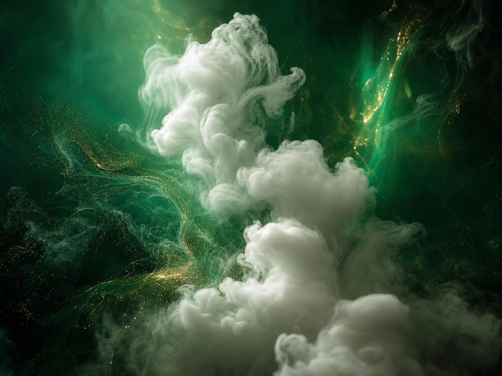 Clean vapour ribbons over a deep emerald background