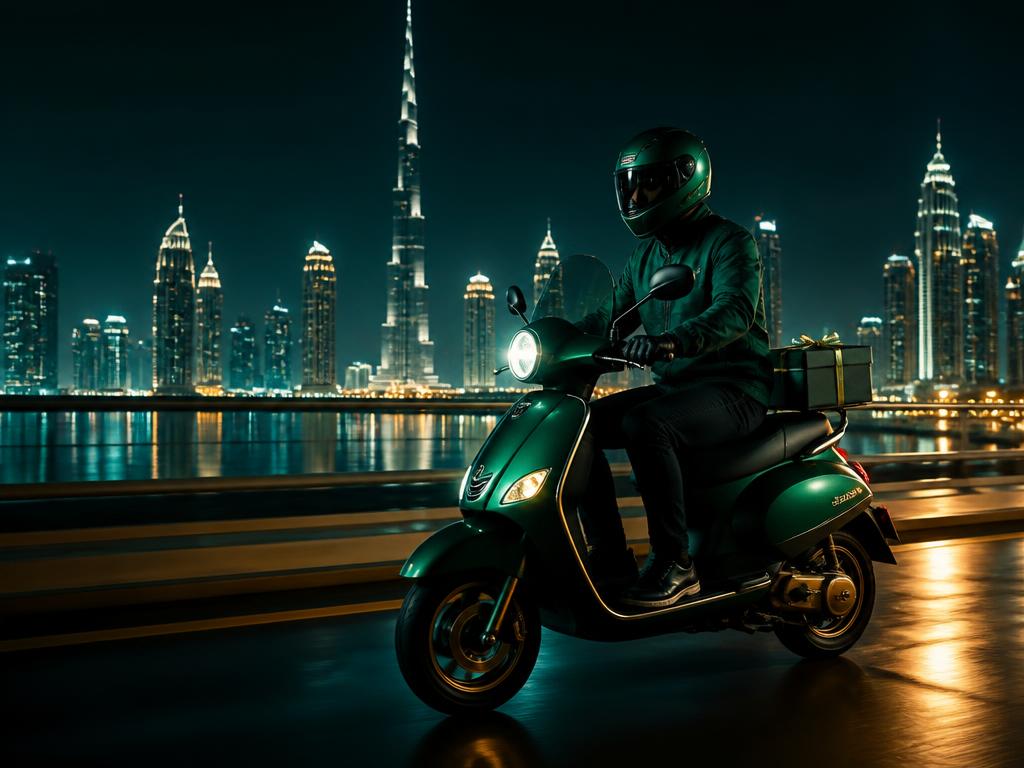 Courier delivering a parcel at night in front of the Dubai skyline