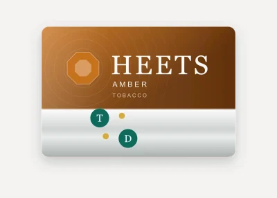 Illustration of the HEETS Amber Selection pack — heated tobacco sticks for blade IQOS devices, AED 90 per carton of 200 in Dubai