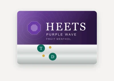 Illustration of the HEETS Purple Wave pack — heated tobacco sticks for blade IQOS devices, AED 90 per carton of 200 in Dubai