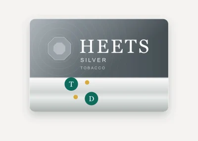Illustration of the HEETS Silver Selection pack — heated tobacco sticks for blade IQOS devices, AED 90 per carton of 200 in Dubai