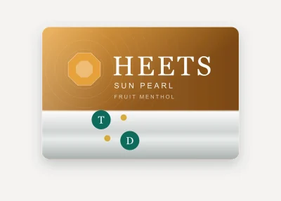 Illustration of the HEETS Sun Pearl pack — heated tobacco sticks for blade IQOS devices, AED 110 per carton of 200 in Dubai