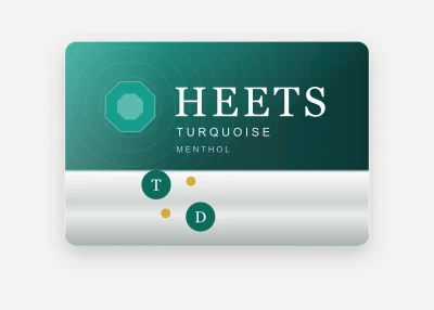 Illustration of the HEETS Turquoise Selection pack — heated tobacco sticks for blade IQOS devices, AED 90 per carton of 200 in Dubai